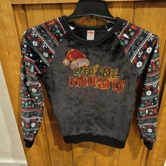 Holiday Time Sweaters - Define Naughty Sequin Ugly Christmas Holiday Plush Top Juniors sz Small Black